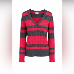 Pink & Gray Striped Cable Knit V-Neck Sweater XXL Oversized Cozy Preppy